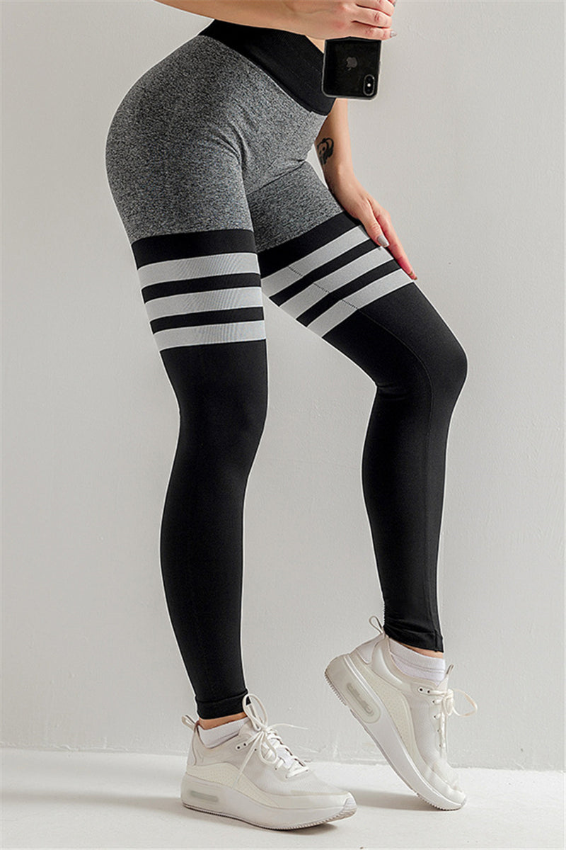 Solid color striped high waist leggings